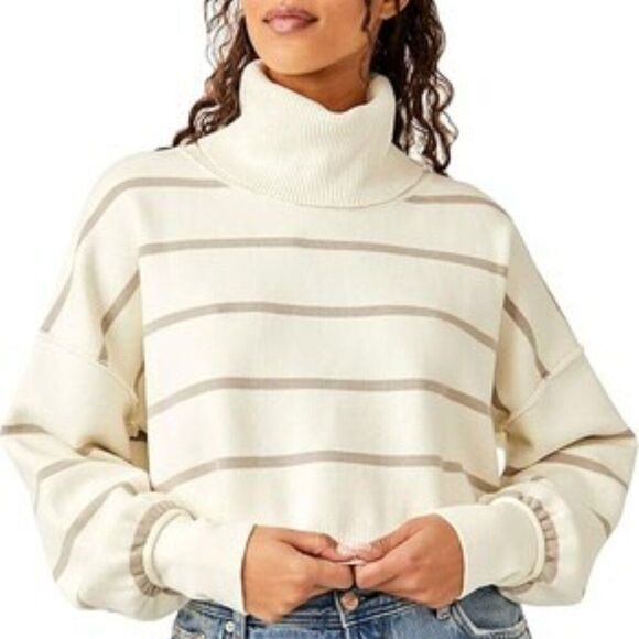 Free People‎ Paulie Moonbeam Combo Creme Cropped Pullover Sweater Size L NWT - Picture 1 of 8